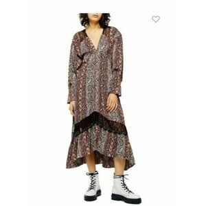 TOPSHOP Snake Print Lace Trim Midi A Line Dress Chiffon SZ 4 US NEW